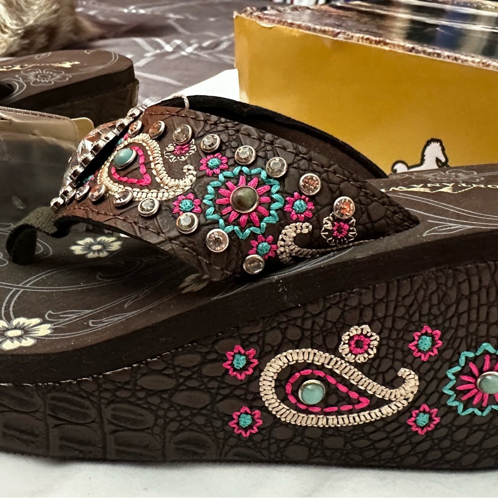 Montana West Brown Wedge Sandals with Turquoise and Pink Embroidery
